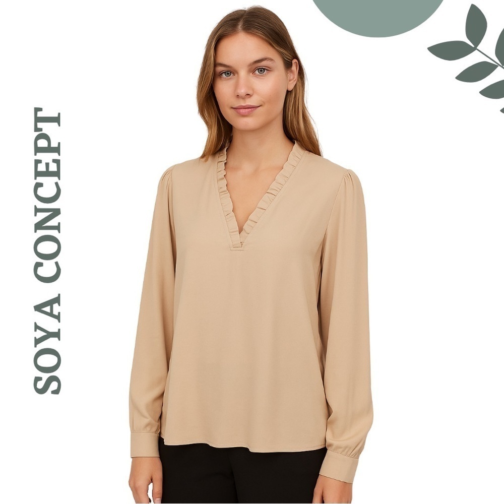 SOYA CONCEPT Marica Knit Jersey Top Ruffle Detail V- Neck Size Medium Sand Beige